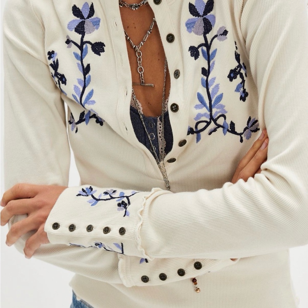 Free People Fleur Embroidered Cuff Henley, Size Small, NWT